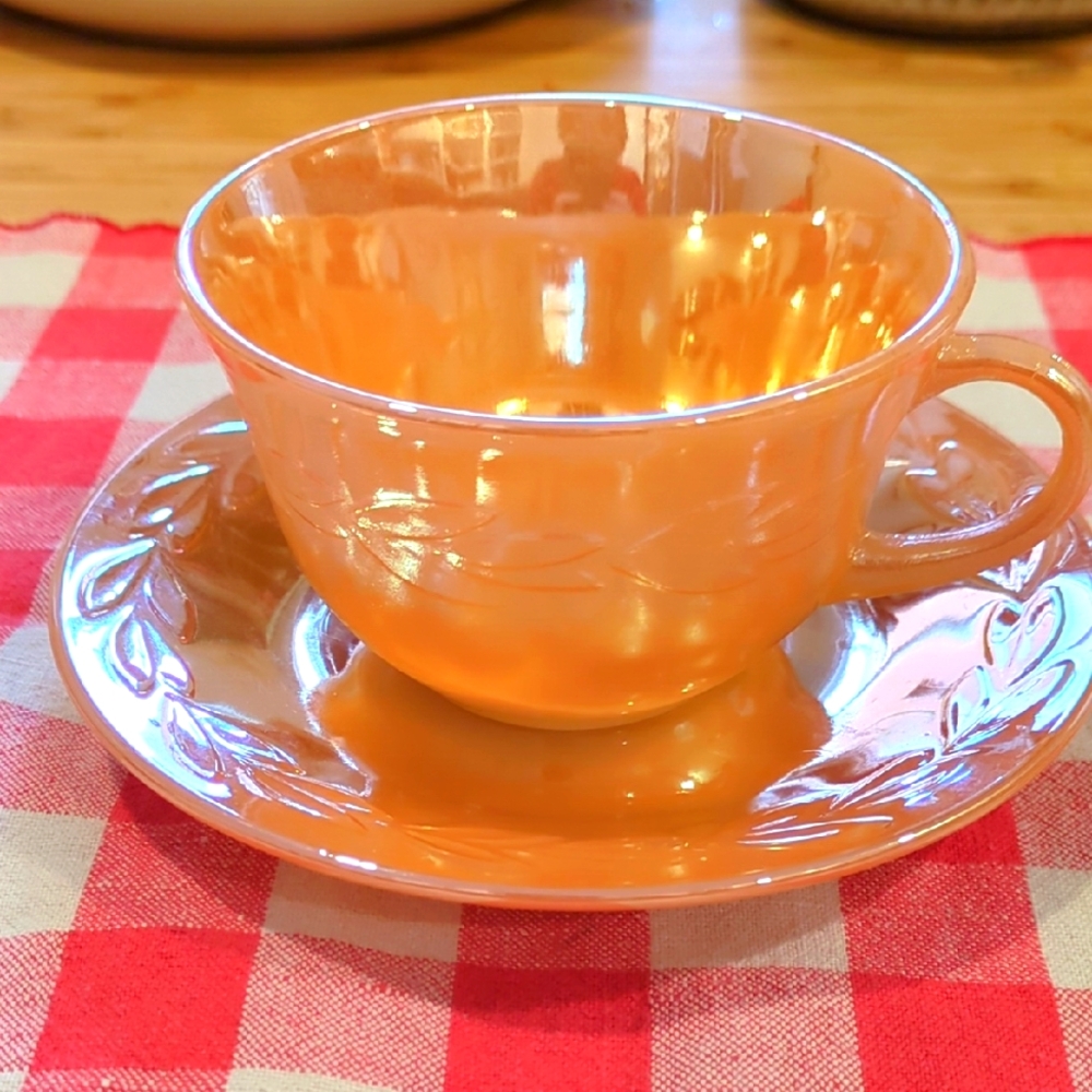 Vintage Fire King Lustreware Iridescent Peach Tea Cup and Saucer Set